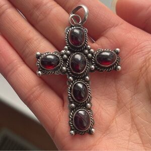 Genuine Blood Garnet Sterling Silver Gothic Vintage Handmade Large Cross Pendant